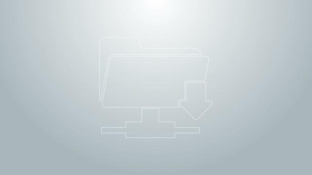 Linea blu cartella FTP icona di download isolato su sfondo grigio. Aggiornamento software, protocollo di trasferimento, router, gestione degli strumenti di lavoro di squadra, processo di copia. Animazione grafica 4K Video motion — Video Stock