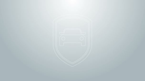 Blaue Linie Autoversicherung oder Versicherungssymbol isoliert auf grauem Hintergrund. Schützen Sie Auto-Schutzschild. Sicherheitsabzeichen Fahrzeug-Symbol. Sicherheit Auto-Etikett. 4K Video Motion Grafik Animation — Stockvideo