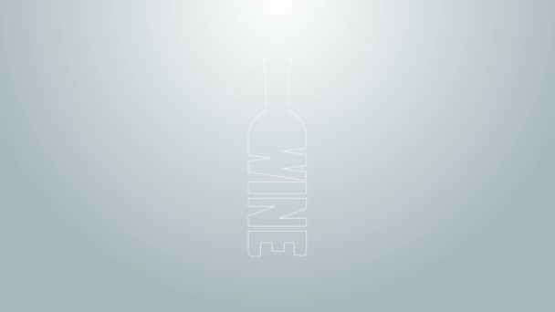 Niebieska linia Butelka ikony wina izolowana na szarym tle. Butelka wina. 4K Animacja graficzna ruchu wideo — Wideo stockowe