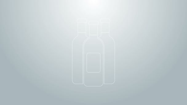 Linea blu Bottiglie di icona del vino isolate su fondo grigio. Animazione grafica 4K Video motion — Video Stock