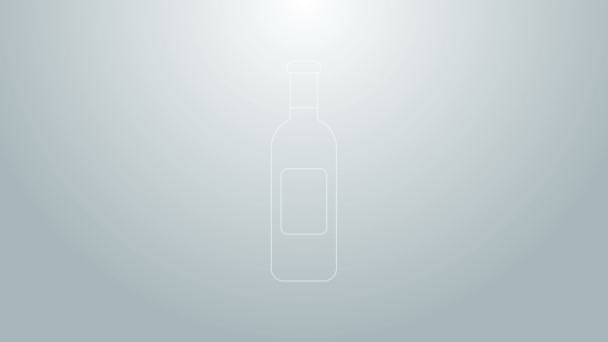 Línea azul Icono de botella de vino aislado sobre fondo gris. Animación gráfica de vídeo 4K — Vídeo de stock