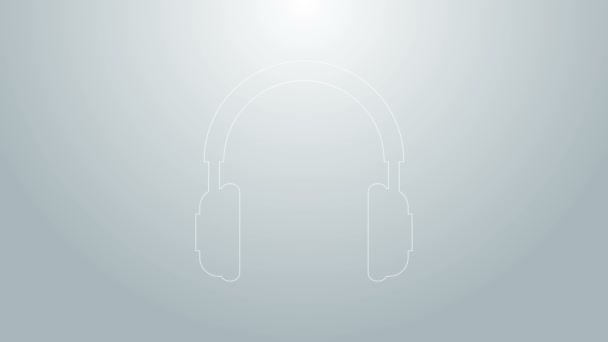Modrá linka Sluchátka ikona izolované na šedém pozadí. Nápis na sluchátka. Koncepční objekt pro poslech hudby, služby, komunikace a operátora. Grafická animace pohybu videa 4K — Stock video