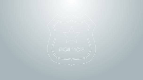 Blauwe lijn Politie badge pictogram geïsoleerd op grijze achtergrond. Sheriff badge teken. 4K Video motion grafische animatie — Stockvideo