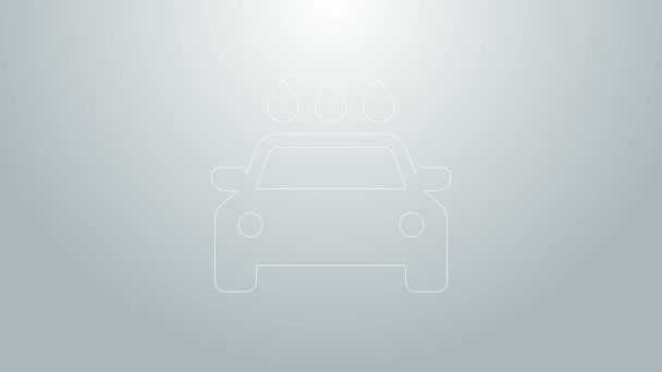 Línea azul Icono de lavado de coches aislado sobre fondo gris. Servicio de lavado de autos e icono de la nube de agua. Animación gráfica de vídeo 4K — Vídeo de stock