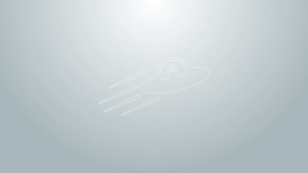 Blue line UFO flying spaceship and alien icon isolated on grey background. Flying saucer. Alien space ship. Futuristic unknown flying object. 4K Video motion graphic animation — Stock Video