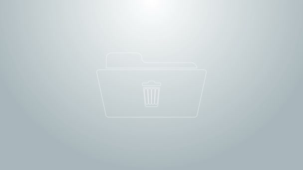 Blue line Delete folder icon isolated on grey background. Folder with recycle bin. Delete or error folder. Close computer information folder sign. 4K Video motion graphic animation — Stock Video