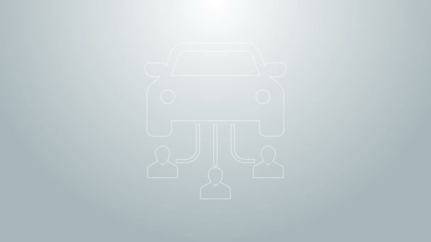 Gri arka planda izole edilmiş bir grup insan ikonu ile mavi çizgi araba paylaşımı. Araba paylaşım tabelası. Nakliye hizmeti konsepti. 4K Video hareketli grafik canlandırması — Stok video