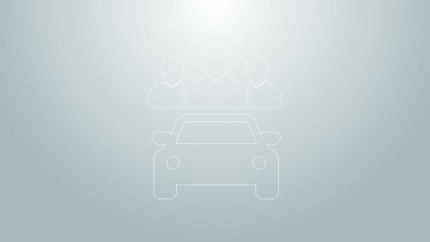 Línea azul Compartir coche con grupo de personas icono aislado sobre fondo gris. Carsharing signo. Transporte alquiler concepto de servicio. Animación gráfica de vídeo 4K — Vídeo de stock