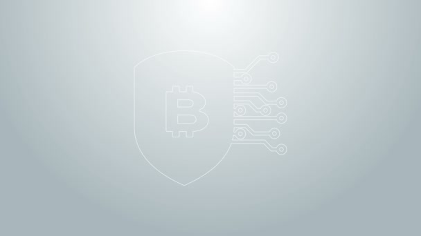 Linha azul Escudo com ícone bitcoin isolado no fundo cinza. Mineração de criptomoeda, tecnologia blockchain, segurança, proteger, dinheiro digital. Animação gráfica em movimento de vídeo 4K — Vídeo de Stock