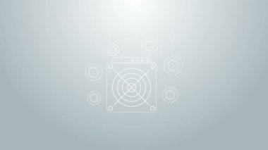 Mavi çizgi ASIC Miner simgesi gri arkaplanda izole edildi. Kripto para birimi madencilik ekipmanları ve donanım. Uygulamaya özel entegre devre. 4K Video hareketli grafik canlandırması