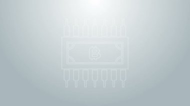 Mavi çizgi Kripto para birimi bitcoin, gri arkaplanda izole edilmiş mikroçip devre ikonu ile daire içinde. Engelleme teknolojisi, dijital para piyasası. 4K Video hareketli grafik canlandırması