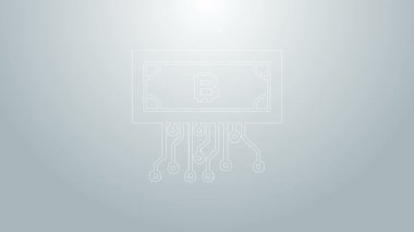 Mavi çizgi Kripto para birimi bitcoin, gri arkaplanda izole edilmiş mikroçip devre ikonu ile daire içinde. Engelleme teknolojisi, dijital para piyasası. 4K Video hareketli grafik canlandırması