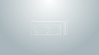 Mavi çizgi Kripto para birimi bitcoin, gri arkaplanda izole edilmiş mikroçip devre ikonu ile daire içinde. Engelleme teknolojisi, dijital para piyasası. 4K Video hareketli grafik canlandırması