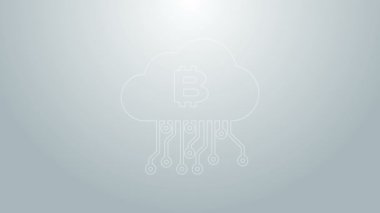 Mavi çizgi kripto para birimi bulut maden ikonu gri arka planda izole. Engelleme teknolojisi, bitcoin, dijital para piyasası, kripto para cüzdanı. 4K Video hareketli grafik canlandırması