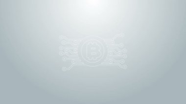Mavi çizgi Kripto para birimi bitcoin, gri arkaplanda izole edilmiş mikroçip devre ikonu ile daire içinde. Engelleme teknolojisi, dijital para piyasası. 4K Video hareketli grafik canlandırması