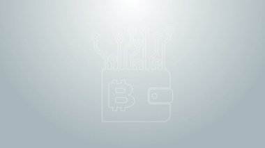 Mavi çizgi kripto para birimi cüzdan simgesi gri arkaplanda izole edildi. Cüzdan ve bitcoin işareti. Maden konsepti. Para, ödeme, nakit, ödeme ikonu. 4K Video hareketli grafik canlandırması