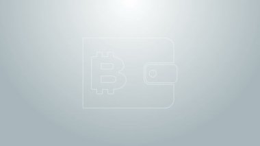 Mavi çizgi kripto para birimi cüzdan simgesi gri arkaplanda izole edildi. Cüzdan ve bitcoin işareti. Maden konsepti. Para, ödeme, nakit, ödeme ikonu. 4K Video hareketli grafik canlandırması