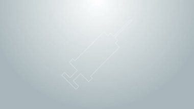 Mavi çizgi şırınga simgesi gri arkaplanda izole edildi. Aşı için şırınga, aşı, iğne, grip aşısı. Tıbbi ekipman. 4K Video hareketli grafik canlandırması