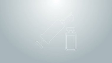Mavi çizgi tıbbi şırınga, gri arka planda izole edilmiş iğne ve şişe veya ampul ikonu. Aşı, iğne, aşı, insülin konsepti. 4K Video hareketli grafik canlandırması