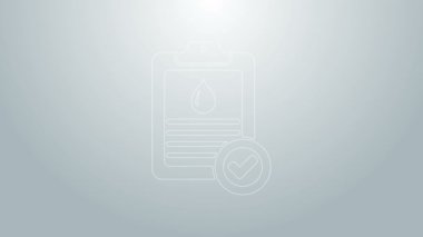 Gri arkaplanda, üzerinde kan testi ikonu bulunan mavi çizgi tıbbi pano. Klinik kayıtları, reçeteli ilaçlar, sağlık kontrolü raporları. 4K Video hareketli grafik canlandırması