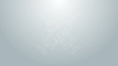 Mavi çizgi şırınga ikonunu gri arka planda izole etti. Aşı için şırınga, aşı, iğne, grip aşısı. Tıbbi ekipman. 4K Video hareketli grafik canlandırması