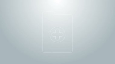 Gri arkaplanda klinik kayıt simgesi olan mavi çizgi tıbbi pano. Sağlık sigortası formu. Reçete, tıbbi kontrol işaretleri raporu. 4K Video hareketli grafik canlandırması
