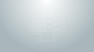 Mavi çizgi tıbbi kayıtları gri arka planda izole edilmiş monitör ikonunda. Sağlık sigortası formu. Reçete, tıbbi kontrol işaretleri raporu. 4K Video hareketli grafik canlandırması
