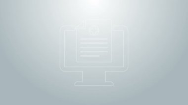 Mavi çizgi tıbbi kayıtları gri arka planda izole edilmiş monitör ikonunda. Sağlık sigortası formu. Reçete, tıbbi kontrol işaretleri raporu. 4K Video hareketli grafik canlandırması