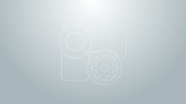 Mavi çizgi Video kamera ve dişli ikonu gri arkaplanda izole edildi. Uygulama, servis konsepti, ayar seçenekleri, bakım, onarım, onarım. 4K Video hareketli grafik canlandırması