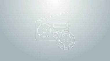 Gri arkaplanda anten ve vites simgesi olan mavi hat radyo. Uygulama, servis konsepti, ayar seçenekleri, bakım, onarım, onarım. 4K Video hareketli grafik canlandırması