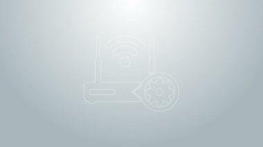 Mavi hat Router ve kablosuz ağ sinyali ve vites simgesi gri arkaplanda izole edildi. Uygulama, servis konsepti, ayar seçenekleri, bakım, onarım, onarım. 4K Video hareketli grafik canlandırması