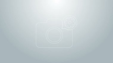 Mavi çizgi fotoğraf makinesi ve vites simgesi gri arkaplanda izole edildi. Uygulama, servis konsepti, ayar seçenekleri, bakım, onarım, onarım. 4K Video hareketli grafik canlandırması