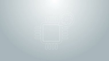 Mavi çizgi işlemcisi ve vites simgesi gri arkaplanda izole edildi. İşlemci, çip servis konsepti. Uygulama ayarlanıyor, seçenekler ayarlanıyor, bakım, onarım, onarım. 4K Video hareketli grafik canlandırması