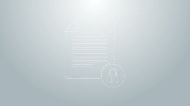 Mavi çizgi Belgesi ve kilit simgesi gri arkaplanda izole edildi. Dosya biçimi ve asma kilit. Güvenlik, güvenlik, koruma kavramı. 4K Video hareketli grafik canlandırması