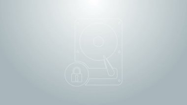 Mavi çizgi sabit disk sürücüsü ve kilit simgesi gri arkaplanda izole edildi. HHD ve asma kilit. Güvenlik, güvenlik, koruma kavramı. 4K Video hareketli grafik canlandırması