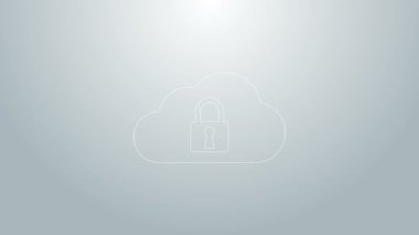 Mavi çizgi bilgisayar kilidi simgesi gri arkaplanda izole edildi. Güvenlik, güvenlik, koruma kavramı. 4K Video hareketli grafik canlandırması