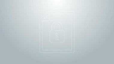 Mavi çizgi Belgesi ve kilit simgesi gri arkaplanda izole edildi. Dosya biçimi ve asma kilit. Güvenlik, güvenlik, koruma kavramı. 4K Video hareketli grafik canlandırması