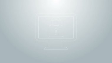 Bilgisayar ekranı simgesindeki mavi çizgi kilidi gri arkaplanda izole edildi. Monitör ve asma kilit. Güvenlik, güvenlik, koruma kavramı. Güvenli bir ağ. 4K Video hareketli grafik canlandırması