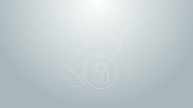 Gri arkaplanda kapalı asma kilit simgesine sahip mavi çizgi USB flaş bellek. Güvenlik, güvenlik, koruma kavramı. 4K Video hareketli grafik canlandırması