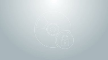 Gri arkaplanda kapalı asma kilit simgesine sahip mavi çizgi CD veya DVD diski. Küçük disk işareti. Güvenlik, güvenlik, koruma kavramı. 4K Video hareketli grafik canlandırması