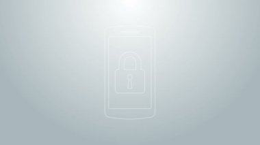 Gri arkaplanda kapalı asma kilit simgesine sahip mavi çizgi akıllı telefon. Kilitli telefon. Gezici güvenlik, güvenlik, koruma konsepti. 4K Video hareketli grafik canlandırması