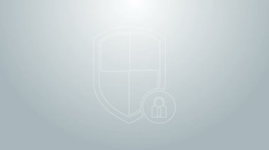 Mavi Hat Kalkan güvenliği, gri arka planda kilit simgesi izole edildi. Koruma, güvenlik, şifre güvenliği. Güvenlik duvarı gizlilik levhası. 4K Video hareketli grafik canlandırması