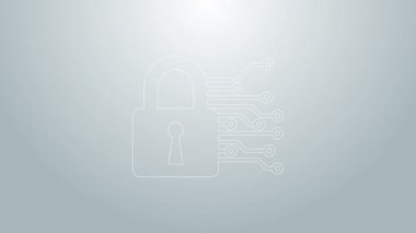 Mavi çizgi siber güvenlik ikonu gri arka planda izole edildi. Dijital devre kartında kapalı asma kilit. Güvenlik kavramı. Dijital veri koruması. 4K Video hareketli grafik canlandırması
