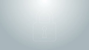 Mavi çizgi kilidi simgesi gri arkaplanda izole edildi. Kapalı asma kilit işareti. Siber güvenlik kavramı. Dijital veri koruması. Güvenlik kilidi. 4K Video hareketli grafik canlandırması