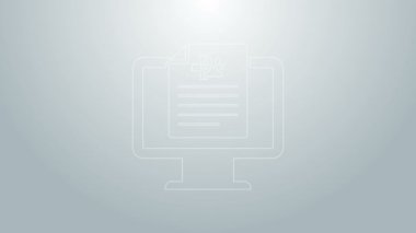 Mavi çizgi tıbbi kayıt evcil hayvanı gri arka planda izole edilmiş monitör ikonunda. Sağlık sigortası formu. Reçete, tıbbi kontrol işaretleri raporu. 4K Video hareketli grafik canlandırması