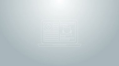 Laptop ikonundaki Mavi Hat Tıbbi Kayıt Kedisi gri arka planda izole edildi. Sağlık sigortası formu. Reçete, tıbbi kontrol işaretleri raporu. 4K Video hareketli grafik canlandırması