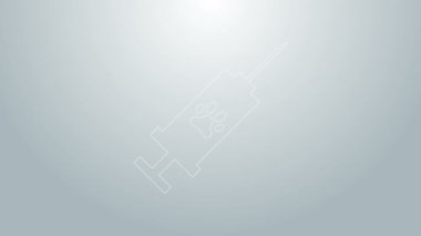 Gri arka planda izole edilmiş evcil hayvan aşısı ikonu olan mavi çizgi şırıngası. Köpek ya da kedi pençesi izi. 4K Video hareketli grafik canlandırması