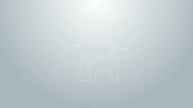 Mavi çizgi Veterinerlik Kliniği sembolü gri arka planda izole edilmiş. Köpek veterinerliği ile karşılaştır. Evcil hayvan ilk yardım işareti. 4K Video hareketli grafik canlandırması