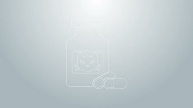Mavi çizgi kedi ilacı şişesi ve gri arka planda izole edilmiş hap ikonu. İçinde haplar olan konteynır. Hayvan için reçeteli ilaç. 4K Video hareketli grafik canlandırması