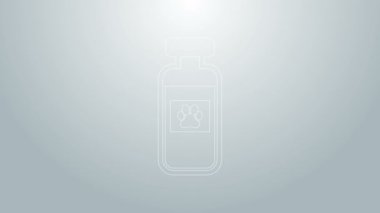 Mavi çizgi evcil hayvan şişesi tıbbi ikonu gri arka planda izole edildi. Hayvan için reçeteli ilaç. 4K Video hareketli grafik canlandırması